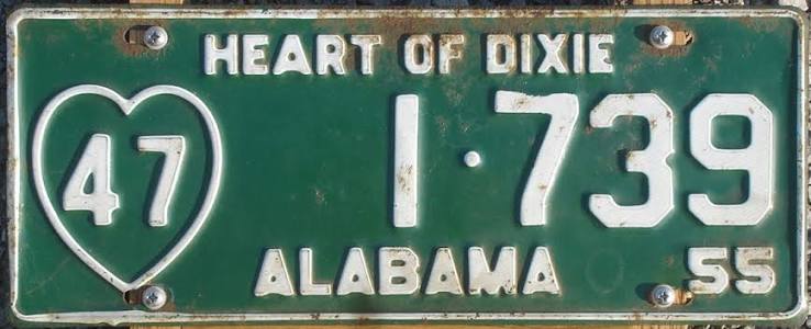 1955 Alabama license plate, the first to carry the Heart of Dixie slogan