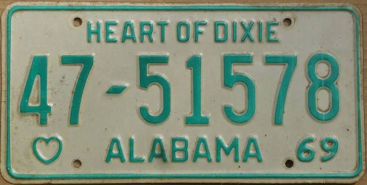 1969 Alabama reflectorized license plate, the first reflectorized issue
