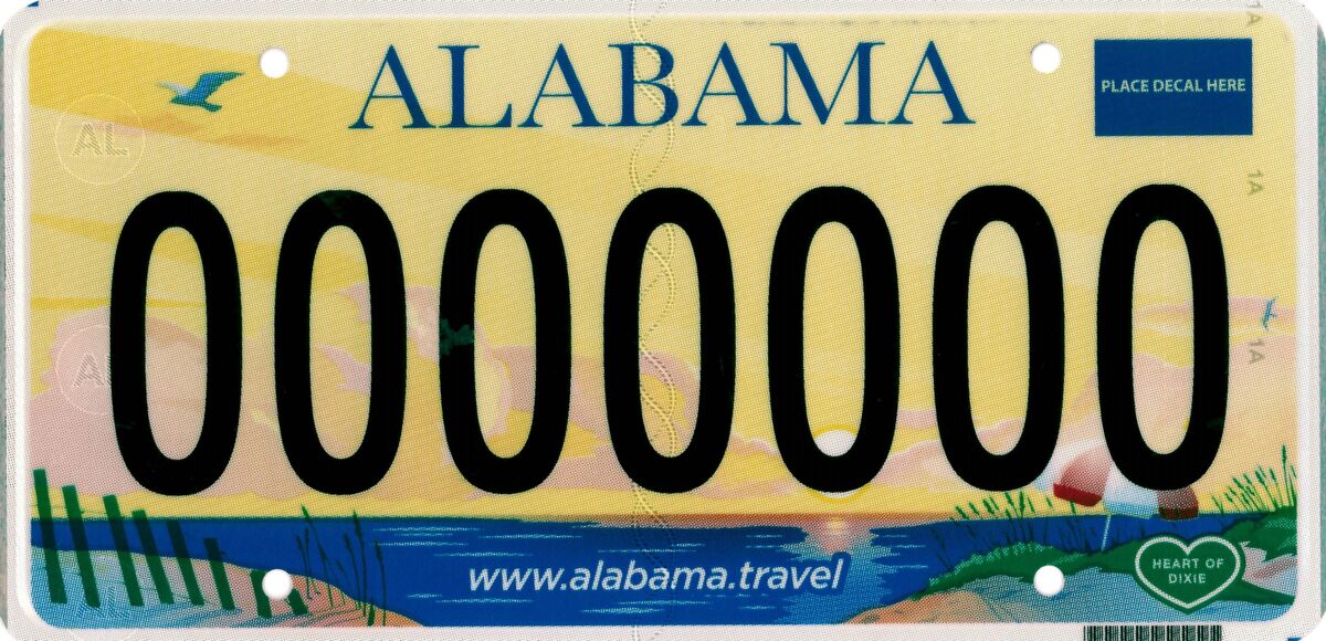 Current Alabama standard passenger license plate, effective October 2022, with a sunrise coastal design, ALABAMA wordmark and Heart of Dixie marking