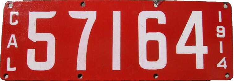 1914 California porcelain license plate, brick red with white serial characters