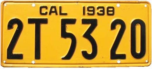 1938 California annual license plate, black characters on yellow with the stamped year