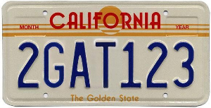 1980s California Golden State license plate, blue characters on reflective white with red script state name