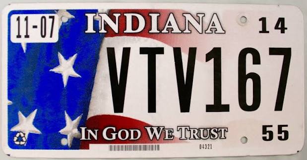 Indiana Bicentennial license plate with the number 200, 19 stars and dark blue state shape