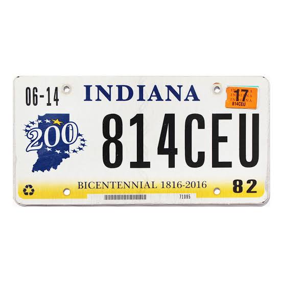 Indiana covered bridge standard license plate with a red covered bridge on a country scene background