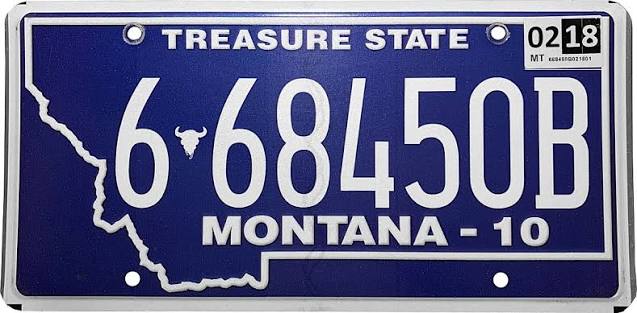 Current Montana standard license plate: solid blue with a white Montana state outline, Treasure State slogan and bison skull separator