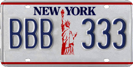 New York Statue of Liberty license plate, white with red graphic and blue characters