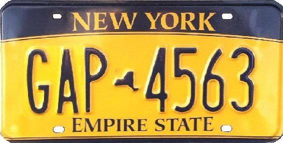 New York Empire Gold license plate, gold background with dark blue characters