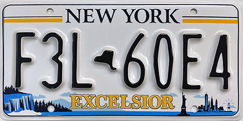 Current New York Excelsior license plate featuring New York landmarks