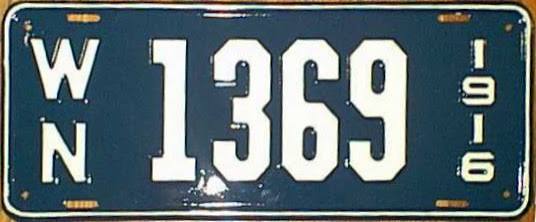 1916 Washington state-issued license plate, white numbers on dark blue with WN at left