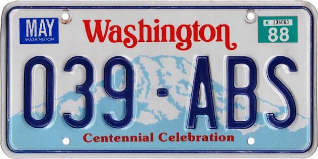 1987 Washington Centennial Celebration license plate with the Mount Rainier graphic
