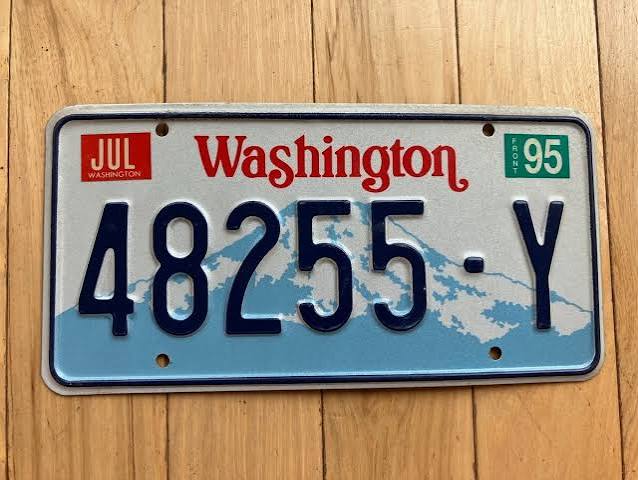 1990s Washington Evergreen State license plate, blue serials on white with Mount Rainier