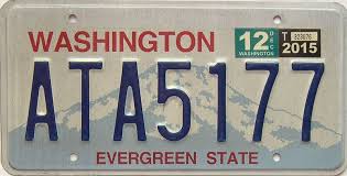Current Washington standard license plate, blue serials on white with the Mount Rainier graphic